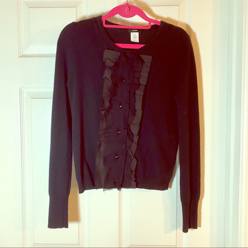 J Crew Black ruffle front Sweater